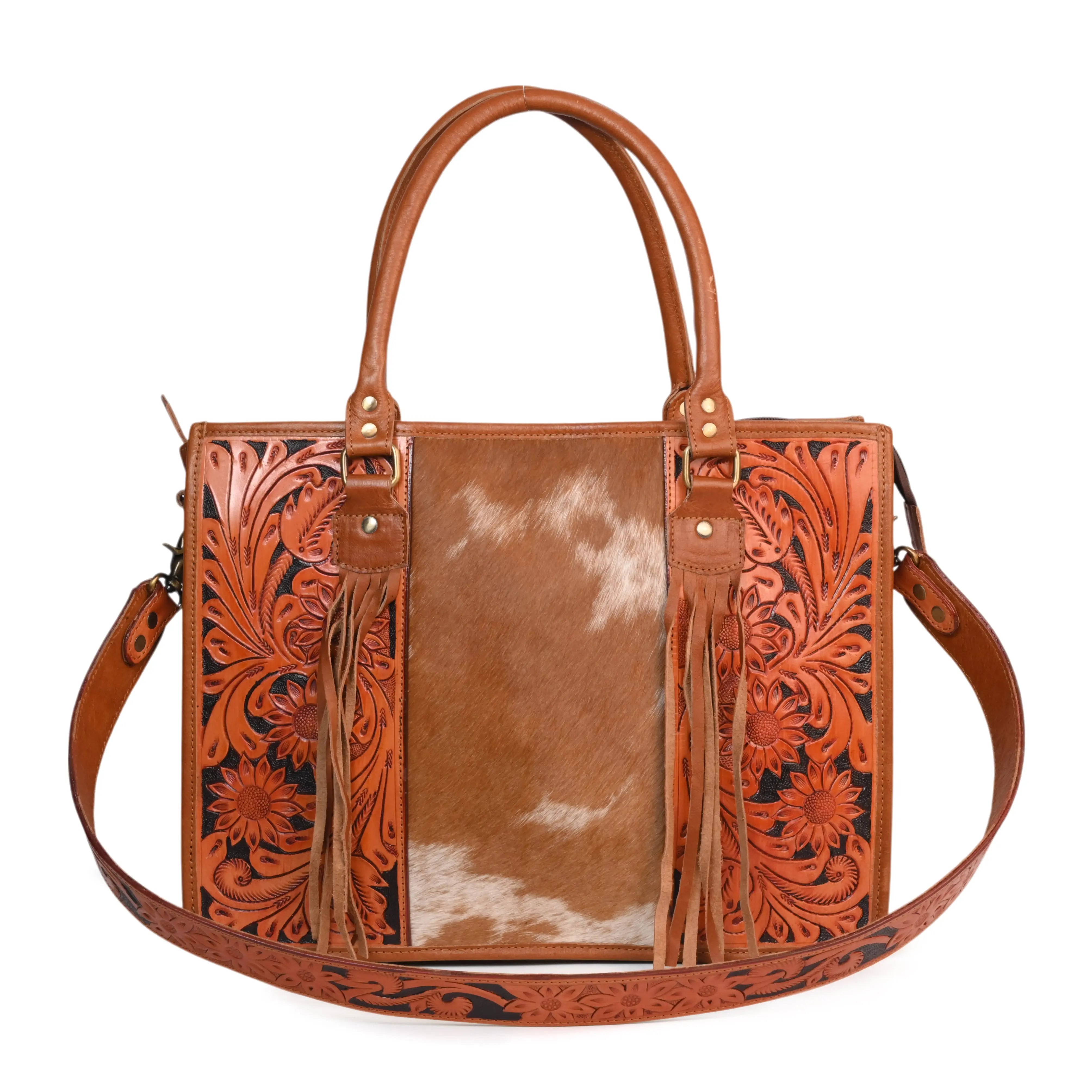 Western Hand Tooled Genuine Cowhide Leather Crossbody Handbag - abitoamerica